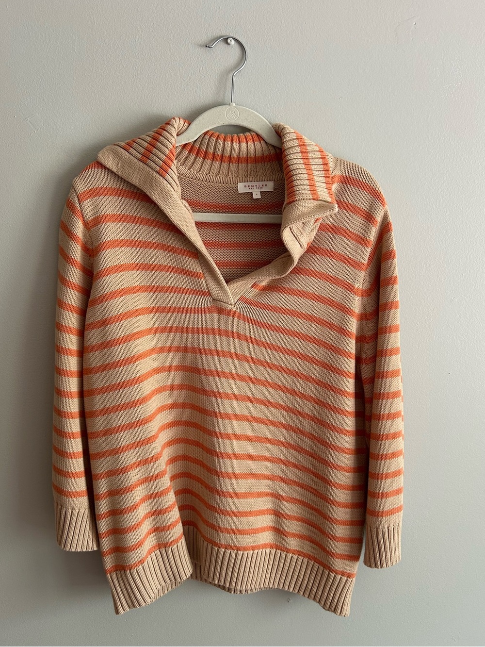 NWOT Anthropologie DemyLee Striped Polo Sweater in Beige and Coral - Picture 3 of 6